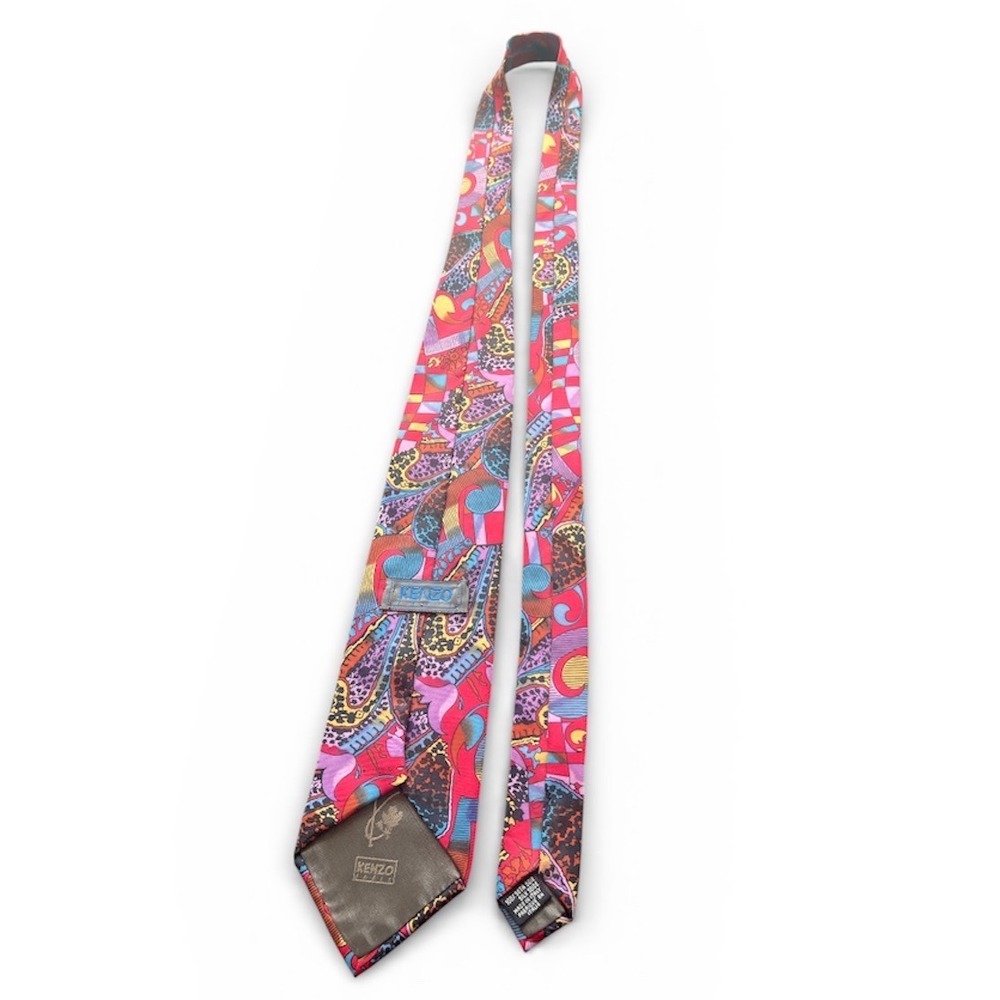 Vintage Kenzo Paris Mens Silk Tie Red Multi Paisley Geometric Made in Italy - Picture 3 of 5